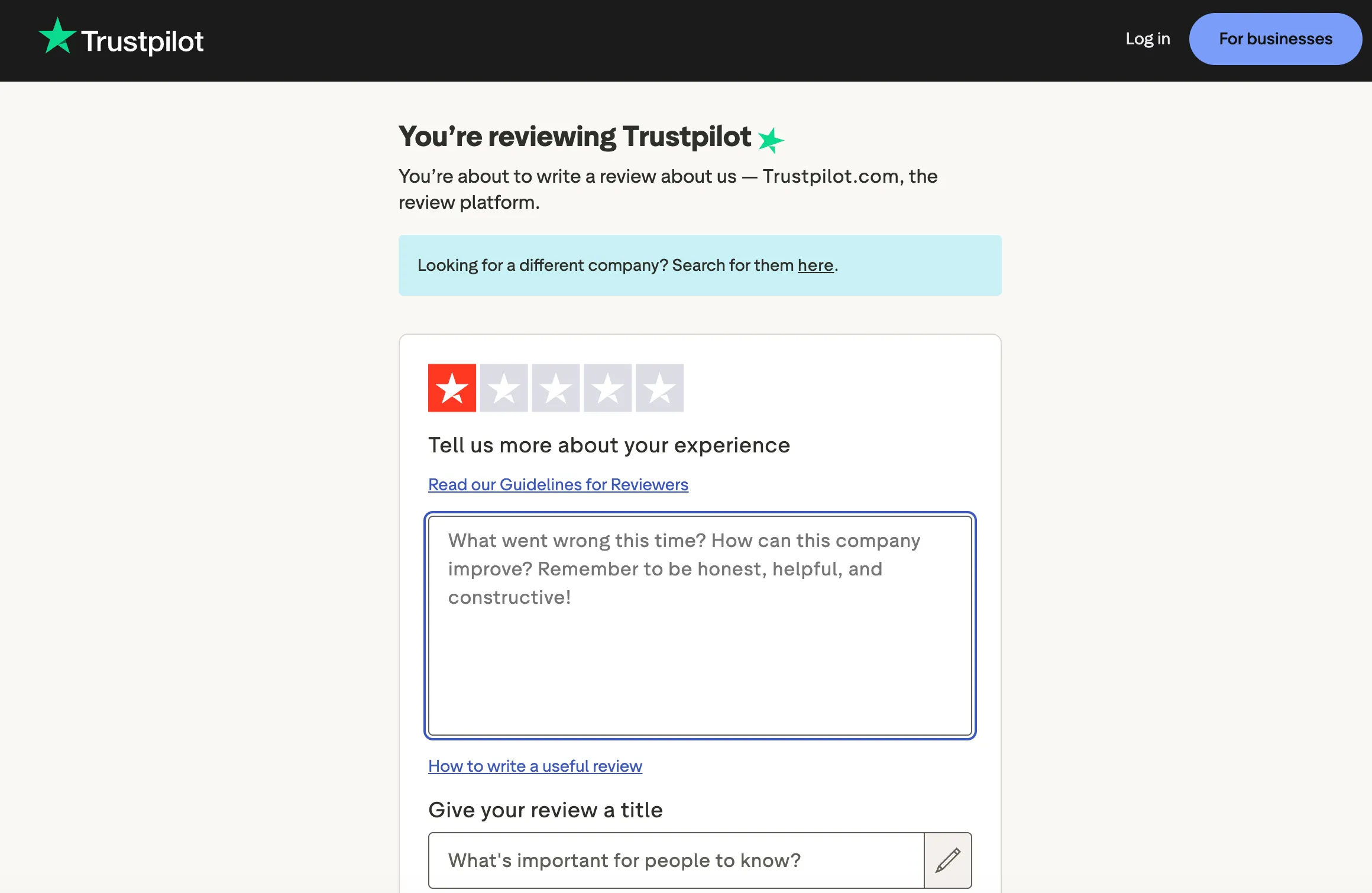 TrustPilot user enters this page after clicking the button